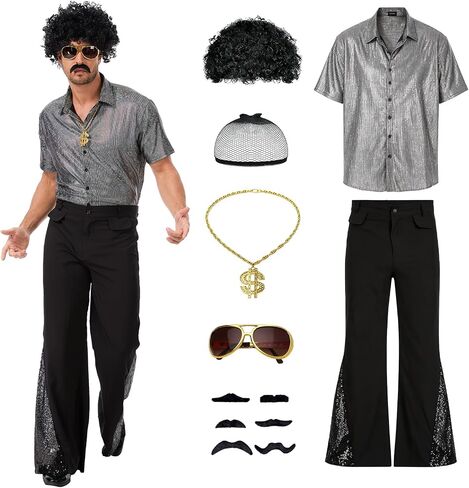 7 Pcs 70s Disco Outfit Costume for Men Dance Bell Bottom Pants Retro Short Sleeve Moustache Sunglasses Wigs Necklace in Kuwait