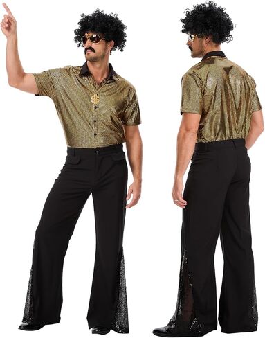7 Pcs 70s Disco Outfit Costume for Men Dance Bell Bottom Pants Retro Short Sleeve Moustache Sunglasses Wigs Necklace in Kuwait
