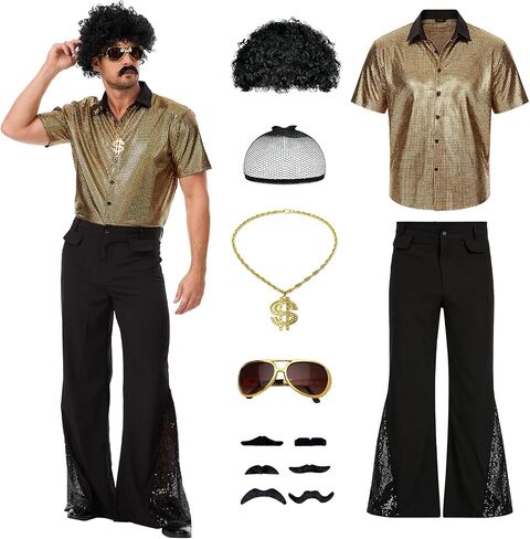 7 Pcs 70s Disco Outfit Costume for Men Dance Bell Bottom Pants Retro Short Sleeve Moustache Sunglasses Wigs Necklace in Kuwait