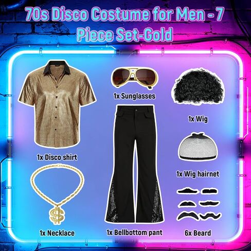 7 Pcs 70s Disco Outfit Costume for Men Dance Bell Bottom Pants Retro Short Sleeve Moustache Sunglasses Wigs Necklace in Kuwait