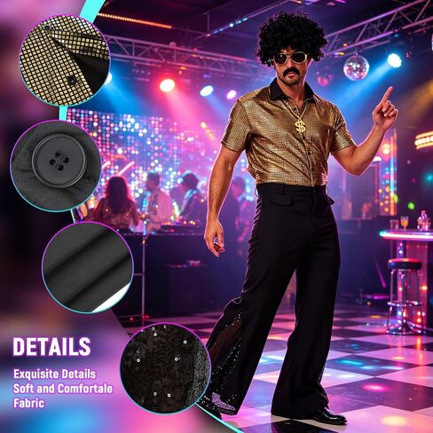 7 Pcs 70s Disco Outfit Costume for Men Dance Bell Bottom Pants Retro Short Sleeve Moustache Sunglasses Wigs Necklace in Kuwait