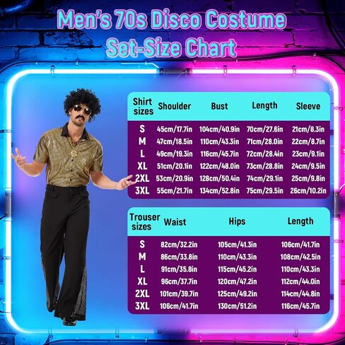 7 Pcs 70s Disco Outfit Costume for Men Dance Bell Bottom Pants Retro Short Sleeve Moustache Sunglasses Wigs Necklace in Kuwait