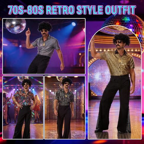 7 Pcs 70s Disco Outfit Costume for Men Dance Bell Bottom Pants Retro Short Sleeve Moustache Sunglasses Wigs Necklace in Kuwait