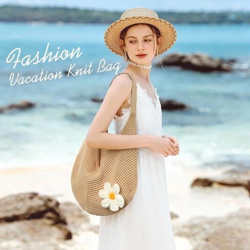 Premillow Crochet Beach Bags for Women, Summer Beach Tote Bag, Mesh Cute Beach Purse, Aesthetic Knit Bag Handbag Shoulder Bag in Saudi Arabia