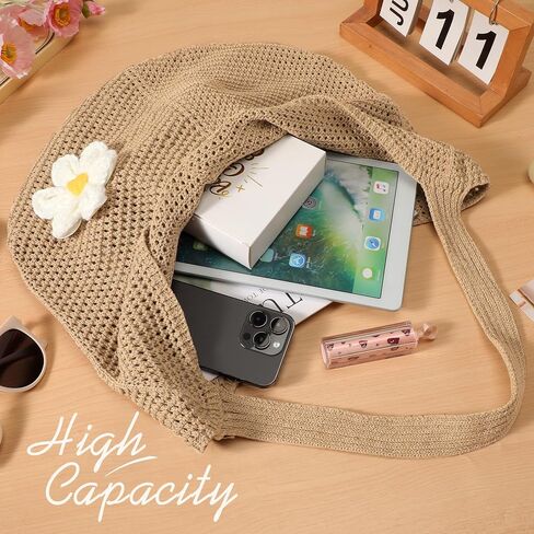 Premillow Crochet Beach Bags for Women, Summer Beach Tote Bag, Mesh Cute Beach Purse, Aesthetic Knit Bag Handbag Shoulder Bag in Saudi Arabia
