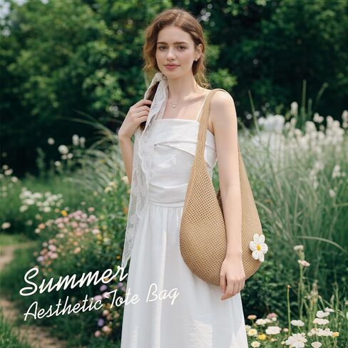 Premillow Crochet Beach Bags for Women, Summer Beach Tote Bag, Mesh Cute Beach Purse, Aesthetic Knit Bag Handbag Shoulder Bag in Saudi Arabia