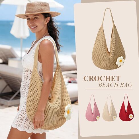 Premillow Crochet Beach Bags for Women, Summer Beach Tote Bag, Mesh Cute Beach Purse, Aesthetic Knit Bag Handbag Shoulder Bag in Saudi Arabia