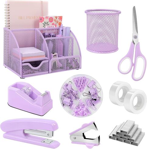 SKYDUE Pink Desk Accessories, Pink Office Supplies Set, Mesh Desk Organizer, Stapler, Tape Dispenser, Scissors, Binder/Paper Clips and 1000pcs Staples,Pink Desk Organizer for Women in Kuwait