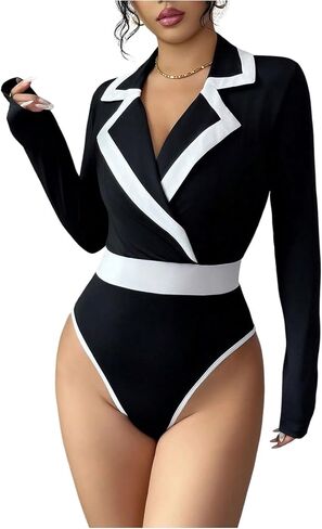 GORGLITTER Women's Wrap Blouse Bodysuit Collar V Neck Dressy Long Sleeve Business Casual Body Suits Tops in Saudi Arabia