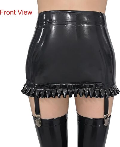 Women's Latex Rubber Mini Skirt with Garter Belts,Black Latex Garter Skirts with 4 Straps in Saudi Arabia
