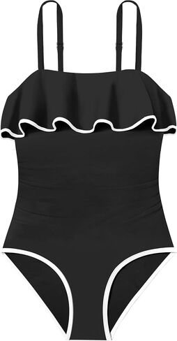 Girls Swimsuit One Piece Swimsuits Ruffle Solid Color Bathing Suit for Teens Contrast Trim Swimwear 9-16Y with Padded in Saudi Arabia