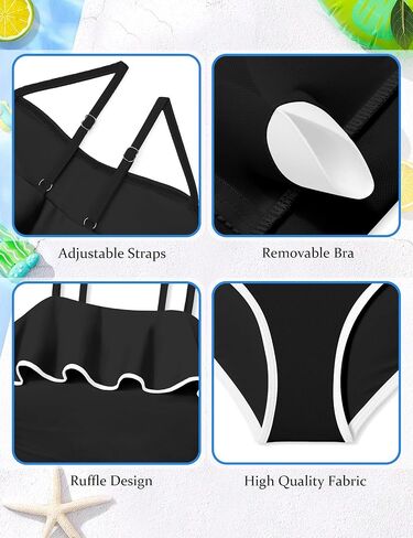 Girls Swimsuit One Piece Swimsuits Ruffle Solid Color Bathing Suit for Teens Contrast Trim Swimwear 9-16Y with Padded in Saudi Arabia