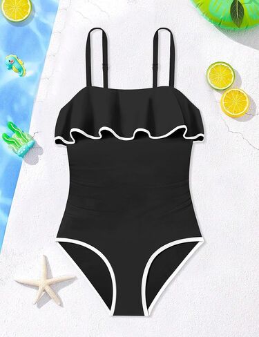 Girls Swimsuit One Piece Swimsuits Ruffle Solid Color Bathing Suit for Teens Contrast Trim Swimwear 9-16Y with Padded in Saudi Arabia