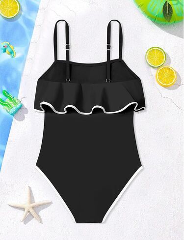 Girls Swimsuit One Piece Swimsuits Ruffle Solid Color Bathing Suit for Teens Contrast Trim Swimwear 9-16Y with Padded in Saudi Arabia