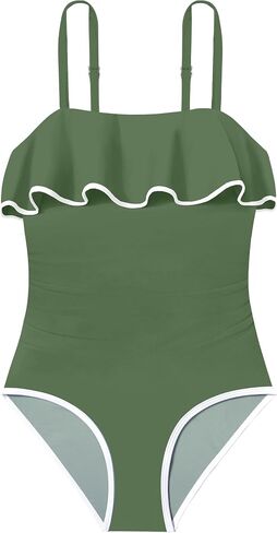 Girls Swimsuit One Piece Swimsuits Ruffle Solid Color Bathing Suit for Teens Contrast Trim Swimwear 9-16Y with Padded in Saudi Arabia