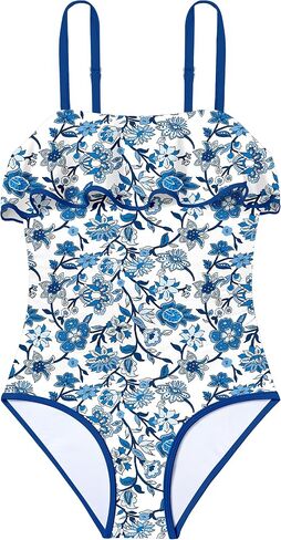 Girls Swimsuit One Piece Swimsuits Ruffle Solid Color Bathing Suit for Teens Contrast Trim Swimwear 9-16Y with Padded in Saudi Arabia