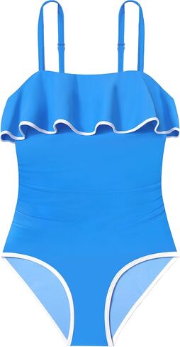 Girls Swimsuit One Piece Swimsuits Ruffle Solid Color Bathing Suit for Teens Contrast Trim Swimwear 9-16Y with Padded in Saudi Arabia