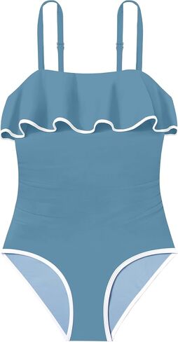 Girls Swimsuit One Piece Swimsuits Ruffle Solid Color Bathing Suit for Teens Contrast Trim Swimwear 9-16Y with Padded in Saudi Arabia