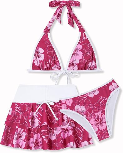 Girls Swimsuit 3 Piece Bathing Suit Halter Neck Ruffled Skirt Bikini Sets Summer Beach Swimwear Size 10-17Y in Saudi Arabia