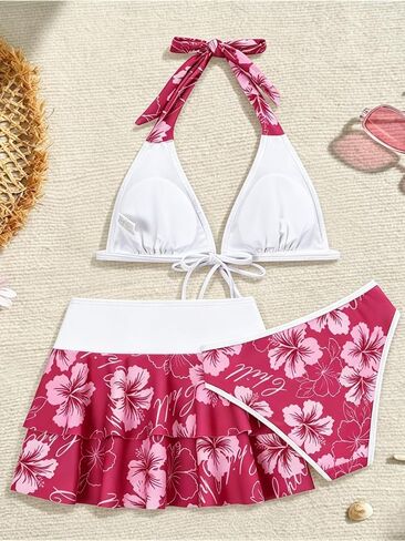 Girls Swimsuit 3 Piece Bathing Suit Halter Neck Ruffled Skirt Bikini Sets Summer Beach Swimwear Size 10-17Y in Saudi Arabia