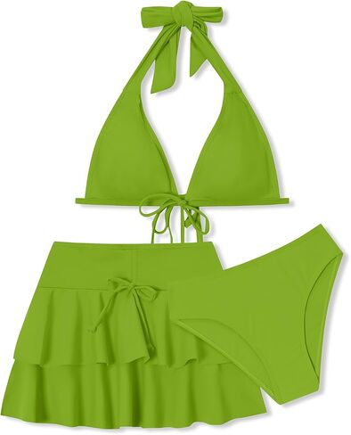 Girls Swimsuit 3 Piece Bathing Suit Halter Neck Ruffled Skirt Bikini Sets Summer Beach Swimwear Size 10-17Y in Saudi Arabia