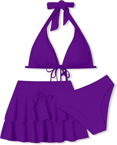 Girls Swimsuit 3 Piece Bathing Suit Halter Neck Ruffled Skirt Bikini Sets Summer Beach Swimwear Size 10-17Y in Saudi Arabia