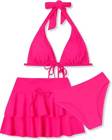 Girls Swimsuit 3 Piece Bathing Suit Halter Neck Ruffled Skirt Bikini Sets Summer Beach Swimwear Size 10-17Y in Saudi Arabia