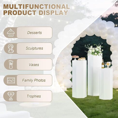 3pcs White Metal Pedestal Stands, Hexagonal Column Display Plinths & Cake Stand for Wedding, Birthday & Party Decorations, Tall 35.4",29.5",23.6" in Saudi Arabia
