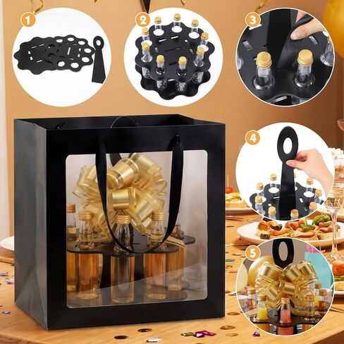 AceOrbit 13 Pcs Mini Liquor Bottle Party Display Set with 9 Pcs Mini Liquor Bottle, Giant Gift Bag, Golden 3D Flower and Ribbon 21st Birthday Holiday Celebration Decoration for Him or Her (Black) in Saudi Arabia