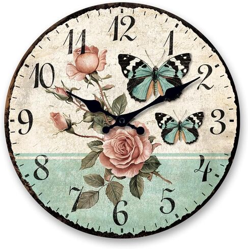 XFM Vintage Floral Wall Clock 10 Inch Silent Non-Ticking Battery Operated Blue Butterfly Rose Wooden Wall Clocks for Kitchen Living Room Bedroom Farmhouse in Saudi Arabia