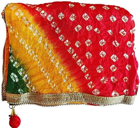 Antique_collection حريمي من الحرير Bandhej متعدد الألوان ثقيل Dupatta Chunni مع حدود Geecha مع لاكان، عبوة من 1 in Kuwait