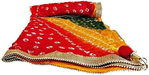 Antique_collection حريمي من الحرير Bandhej متعدد الألوان ثقيل Dupatta Chunni مع حدود Geecha مع لاكان، عبوة من 1 in Kuwait