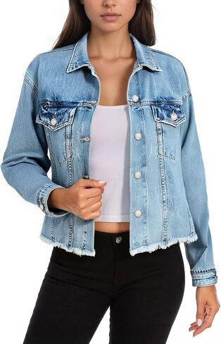 Women's Denim Jackets Cropped Button Up Frayed Hem Jean Jacket with Pockets Trendy Light Blue Jean Coat in Saudi Arabia