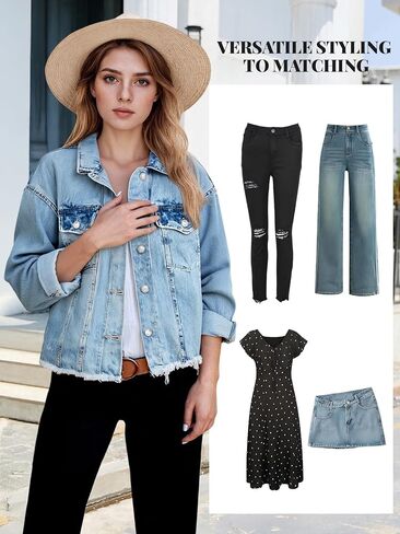 Women's Denim Jackets Cropped Button Up Frayed Hem Jean Jacket with Pockets Trendy Light Blue Jean Coat in Saudi Arabia