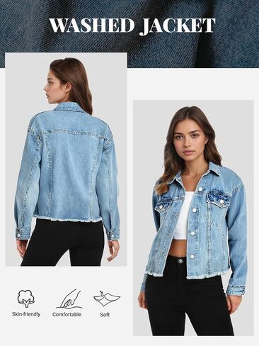 Women's Denim Jackets Cropped Button Up Frayed Hem Jean Jacket with Pockets Trendy Light Blue Jean Coat in Saudi Arabia
