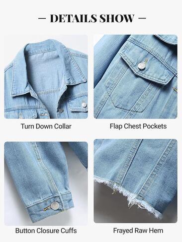 Women's Denim Jackets Cropped Button Up Frayed Hem Jean Jacket with Pockets Trendy Light Blue Jean Coat in Saudi Arabia