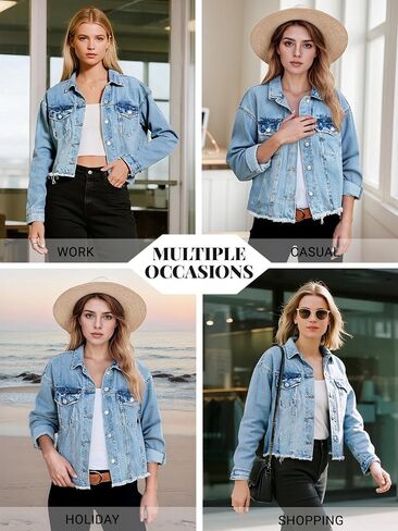 Women's Denim Jackets Cropped Button Up Frayed Hem Jean Jacket with Pockets Trendy Light Blue Jean Coat in Saudi Arabia