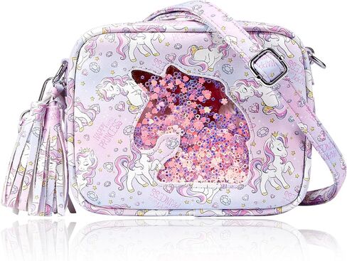 COSHAYSOO Kids Sling Bag Girls Purse Birthday Present for Age 2 3 4 5 6 7 8 Toddler Small Crossbody Purse with Tassel Zipper Magical Unicorn Quicksand Pattern Pouch in Saudi Arabia