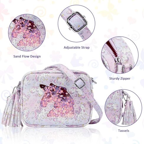 COSHAYSOO Kids Sling Bag Girls Purse Birthday Present for Age 2 3 4 5 6 7 8 Toddler Small Crossbody Purse with Tassel Zipper Magical Unicorn Quicksand Pattern Pouch in Saudi Arabia