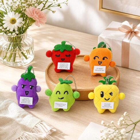 20Pcs Positive Plush Keychains Bulk, Funny Fruit Stuffed End of The Year Gifts, Cute Strawberry Pear Pineapple Carrot Eggplant Adorable Workplace Gifts Coworker Employee Appreciation Team Event Favors in Saudi Arabia