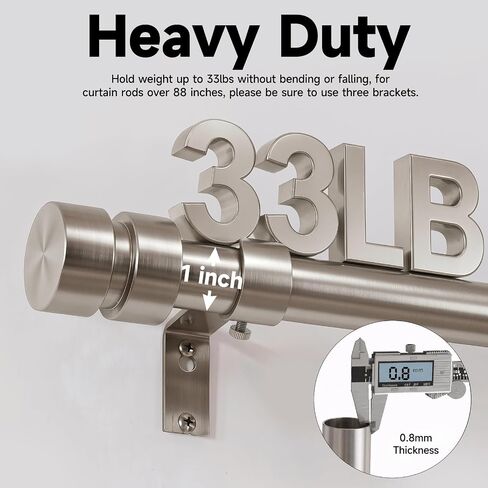 Brushed Nickel Curtain Rods with Solid Metal Finials 66 to 120 Inches Adjustable Heavy Duty 1 Inch Silver Curtain Rod for Windows, Modern Decorative Style for Bedroom Kitchen Living Room in Saudi Arabia