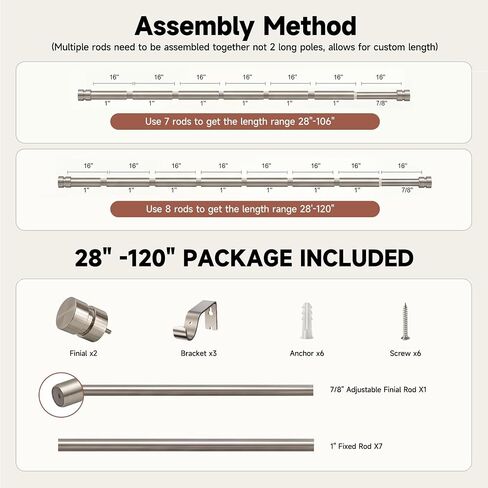 Brushed Nickel Curtain Rods with Solid Metal Finials 66 to 120 Inches Adjustable Heavy Duty 1 Inch Silver Curtain Rod for Windows, Modern Decorative Style for Bedroom Kitchen Living Room in Saudi Arabia