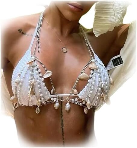 White Pearl Seashell Tassel Bra Chain,Summer Beach Conch Seashell Pendant Body Chain Bikini Pearl Beads Chest Chain Jewelry for Women in Kuwait