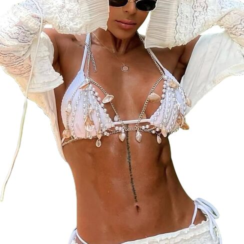 White Pearl Seashell Tassel Bra Chain,Summer Beach Conch Seashell Pendant Body Chain Bikini Pearl Beads Chest Chain Jewelry for Women in Kuwait