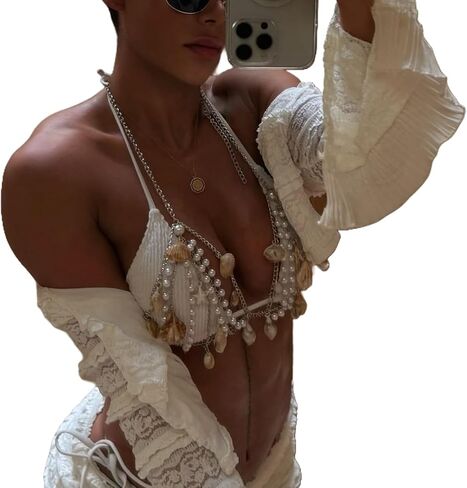 White Pearl Seashell Tassel Bra Chain,Summer Beach Conch Seashell Pendant Body Chain Bikini Pearl Beads Chest Chain Jewelry for Women in Kuwait