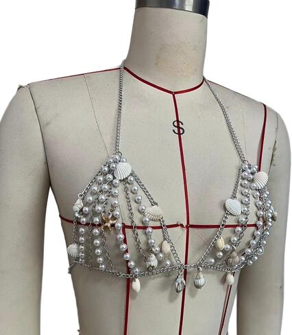 White Pearl Seashell Tassel Bra Chain,Summer Beach Conch Seashell Pendant Body Chain Bikini Pearl Beads Chest Chain Jewelry for Women in Kuwait