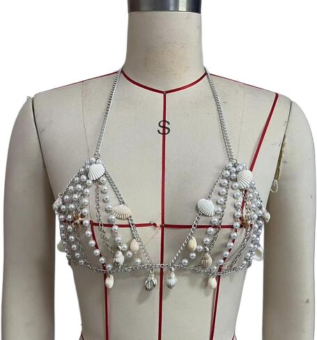 White Pearl Seashell Tassel Bra Chain,Summer Beach Conch Seashell Pendant Body Chain Bikini Pearl Beads Chest Chain Jewelry for Women in Kuwait
