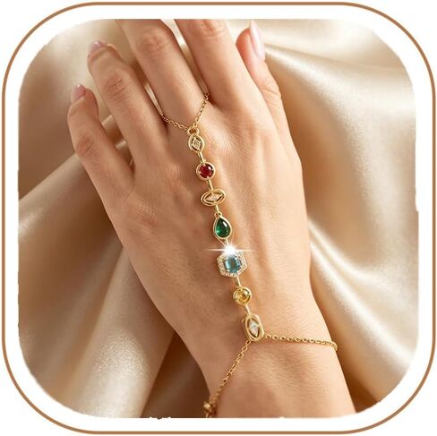 MODRSA Gold Hand Chain Bracelets for Women Dainty Gold Ring Bracelet Hand Chain Link Chains Colorful Cubic Zircon Bracelet Jewelry Gorgeous Trendy Gift for Mother Wedding Vacation Party Accessories in Kuwait
