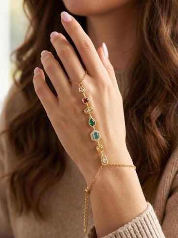 MODRSA Gold Hand Chain Bracelets for Women Dainty Gold Ring Bracelet Hand Chain Link Chains Colorful Cubic Zircon Bracelet Jewelry Gorgeous Trendy Gift for Mother Wedding Vacation Party Accessories in Kuwait