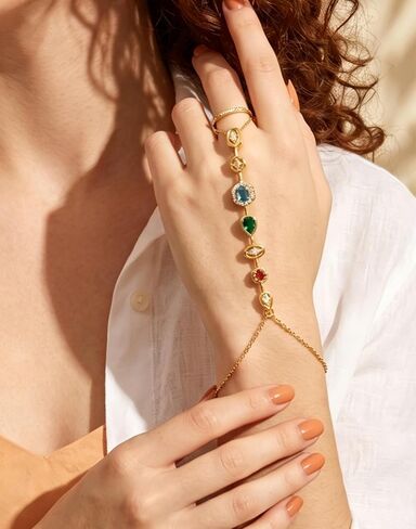 MODRSA Gold Hand Chain Bracelets for Women Dainty Gold Ring Bracelet Hand Chain Link Chains Colorful Cubic Zircon Bracelet Jewelry Gorgeous Trendy Gift for Mother Wedding Vacation Party Accessories in Kuwait